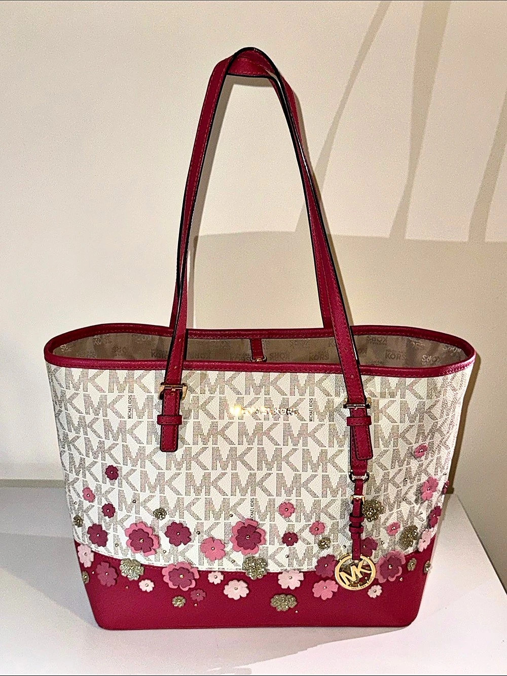 Michael Kors Jet Set Travel Floral Applique Tote Pink & White